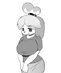  2022 5:6 animal_crossing anthro big_breasts breasts canid canine canis clothed clothing domestic_dog female hair hi_res i3i2455_ivi394 isabelle_(animal_crossing) looking_at_viewer mammal monochrome nintendo shih_tzu simple_background smile solo toy_dog video_games white_background 