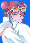  1girl absurdres blue_background blue_eyes brown_hair double_bun ear_piercing glasses highres hood hood_down long_sleeves looking_at_viewer original piercing richard_(ri39p) simple_background solo upper_body white-framed_eyewear 