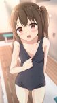  1girl :d bangs bare_arms bare_shoulders black_swimsuit blurry blurry_background blush breasts brown_hair clothes_pull collarbone commentary_request covered_navel depth_of_field eyebrows_visible_through_hair hair_ornament hairclip head_tilt highres hippo_(hirople) indoors long_hair looking_at_viewer old_school_swimsuit one-piece_swimsuit one_side_up original pulled_by_self red_eyes school_swimsuit small_breasts smile solo standing swimsuit swimsuit_pull 