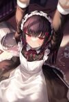  1girl absurdres apron arms_up bangs black_dress bucket collared_shirt dress frilled_apron frills gongha hair_ornament highres long_sleeves maid maid_apron maid_headdress multicolored_hair original puffy_sleeves red_eyes ribbon shirt water x_hair_ornament 