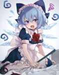  1girl @_@ absurdres alternate_costume bangs blue_bow blue_eyes blue_hair blush bow bowtie bucket cirno commentary_request enmaided fang hair_bow highres ice ice_wings kani_nyan maid open_mouth puffy_short_sleeves puffy_sleeves red_bow red_bowtie short_sleeves sitting skin_fang solo touhou wings 