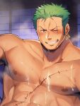  1boy abs bara blush cropped earrings fai_(fai-storage) green_hair highres jewelry large_pectorals male_focus muscular muscular_male navel nipples one_eye_closed one_piece pectorals roronoa_zoro scar scar_across_eye scar_on_chest scar_on_face short_hair sideburns smile solo teeth upper_body 
