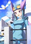  1girl :d breasts cloud commentary_request day fence gloves hand_up helmet long_hair long_sleeves open_mouth outdoors pilot_suit pokemon pokemon_(creature) pokemon_(game) pokemon_oras ponytail purple_eyes purple_hair sky smile tongue wingull winona_(pokemon) yamanashi_taiki 