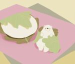  animal animal_focus bear chai_(drawingchisanne) commentary food food_focus kashiwa_mochi_(food) leaf looking_at_viewer original polar_bear shadow signature standing wrapped_up 