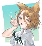  1girl :o animal_ears bangs blush brown_hair fang fingernails fox_ears fox_shadow_puppet hair_between_eyes hand_up highres kudamaki_tsukasa light_smile looking_at_viewer makita_(vector1525) neck_ribbon open_mouth revision ribbon skin_fang solo touhou upper_body white_romper yellow_eyes 