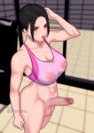  1girl arm_up armpits bare_arms bare_legs bare_shoulders black_hair breasts covered_nipples futanari gym ikinariya muscular muscular_female nipples open_mouth original ponytail red_eyes shirt short_hair sports_bra stomach sweat wet wet_clothes wet_shirt 