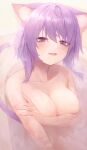  1girl absurdres animal_ear_fluff animal_ears bangs bathtub blush breasts cat_ears cat_tail covering covering_breasts eyebrows_visible_through_hair fang hair_between_eyes hand_on_own_arm highres hololive large_breasts looking_at_viewer medium_hair nanome_to nekomata_okayu nude open_mouth partially_submerged purple_eyes purple_hair skin_fang solo tail upper_body virtual_youtuber water 