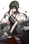  1girl absurdres bangs bare_shoulders black_dress black_hair black_legwear breasts cleavage dress flower hairband highres holding holding_weapon hoshi_rasuku long_hair looking_at_viewer red_eyes rose solo spy_x_family thighhighs weapon yor_briar 