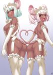  2girls animal_ears apron ass back bangs blush breasts daikokuten_(fate) dark-skinned_female dark_skin fate/grand_order fate_(series) hair_ornament hairclip highres kuraikurairey large_breasts looking_back mouse_ears mouse_girl mouse_tail multiple_girls naked_apron open_mouth pink_hair red_eyes short_hair small_breasts smile tail twintails white_apron white_hair 