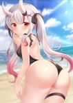  1girl ass backless_swimsuit bangs bare_arms bare_shoulders beach black_bow black_swimsuit blue_sky blurry blurry_background bow closed_mouth cloud cloudy_sky commentary_request day depth_of_field eyebrows_visible_through_hair from_behind grey_hair hair_bow hair_ornament hairclip hand_up hololive horns long_hair looking_at_viewer looking_back multicolored_hair nakiri_ayame nikoo ocean one-piece_swimsuit oni oni_horns outdoors red_eyes red_hair sand sky smile solo streaked_hair swimsuit twintails very_long_hair virtual_youtuber water x_hair_ornament 