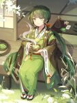  1boy bad_source branch brazier chasen closed_mouth cup expressionless falling_leaves food food_fantasy full_body grass green_eyes green_hair green_kimono green_tea hair_ribbon highres holding holding_cup japanese_clothes kariginu kimono kyomono_(hjxop) leaf long_hair looking_at_viewer low_ponytail male_focus matcha_(food_fantasy) obijime official_art pom_pom_(clothes) porch red_ribbon reeds ribbon ribbon-trimmed_sleeves ribbon_trim sakuramon shouji sitting sliding_doors solo steam tabi tassel tatami tea third-party_source tray wagashi zouri 