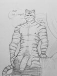  anthro athletic athletic_male balls beastars bengal_tiger big_penis bill_(beastars) black_and_white clothing dialogue felid flaccid foreskin genitals hi_res humanoid_genitalia lewd_bunnie male mammal monochrome mostly_nude muscular muscular_male pantherine penis pubes solo tiger undressing 