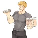  1boy bangs bara black_pants blonde_hair covered_nipples cup egg_(food) granblue_fantasy green_eyes grey_shirt holding holding_cup holding_plate large_pectorals looking_at_viewer male_focus muscular muscular_male one_eye_closed open_mouth pants pectorals plate sat_0804 shirt short_hair smile solo vane_(granblue_fantasy) 