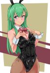  1girl absurdres aqua_eyes bangs black_leotard blush bow breasts cleavage closed_mouth cowboy_shot detached_collar eyebrows_visible_through_hair fishnet_legwear fishnets green_hair hair_between_eyes hair_ornament hairclip hands_on_own_chest hands_up highres kantai_collection large_breasts leotard long_hair looking_at_viewer monte_(koupin) playboy_bunny red_bow simple_background smile solo suzuya_(kancolle) wrist_cuffs 