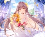  1girl :d bangs bare_arms blue_sky bouquet breasts brown_eyes brown_hair cleavage commentary_request dress eyebrows_visible_through_hair flower hair_flower hair_ornament leaves_in_wind long_hair looking_at_viewer miyase_mahiro mountainous_horizon open_mouth orange_flower original picture_(object) sky small_breasts smile solo stairs standing very_long_hair wedding_dress white_dress window 