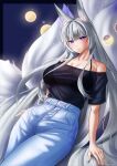  1girl alternate_costume animal_ear_fluff animal_ears azur_lane bare_shoulders black_bra black_shirt blue_eyes bra bra_visible_through_clothes breasts choister cleavage denim grey_hair highres jeans kitsune kyuubi large_breasts looking_at_viewer moon_phases multiple_tails off-shoulder_shirt off_shoulder pants see-through_shirt shinano_(azur_lane) shirt solo tail underwear white_tail 