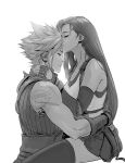  1boy 1girl artist_name bare_shoulders black_hair black_legwear black_skirt closed_eyes cloud_strife couple detached_sleeves earrings final_fantasy final_fantasy_vii final_fantasy_vii_remake fingerless_gloves gloves greyscale hand_on_another&#039;s_back hand_on_another&#039;s_neck highres jewelry kiss kissing_forehead long_hair low-tied_long_hair monochrome skirt sleeveless sleeveless_turtleneck spiked_hair spykeee tank_top thighhighs tifa_lockhart turtleneck white_background 
