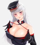  1girl absurdres azur_lane bangs bare_shoulders between_breasts black_gloves black_headwear blush breasts cleavage collarbone dress eyebrows_visible_through_hair gloves hat highres large_breasts long_hair looking_at_viewer military_hat open_mouth purple_eyes smile solo spice_ry strap_between_breasts strap_pull teeth upper_body upper_teeth white_background white_hair yorck_(azur_lane) 