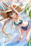  1girl :d absurdres amiya_(arknights) arknights arm_up armpits bangs bare_arms bikini bikini_top_only black_bikini blurry blurry_foreground breasts brown_hair cleavage floating_hair green_eyes grey_skirt hair_between_eyes hand_on_own_knee hat highres kd_(kdh45689) lens_flare long_hair looking_at_viewer medium_breasts miniskirt open_mouth plaid plaid_skirt pleated_skirt sideboob skirt smile solo straw_hat sun_hat swimsuit very_long_hair wading yellow_headwear 