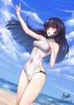  1girl :o adsouto artist_name bangs bare_arms black_hair blue_sky blunt_bangs breasts casual_one-piece_swimsuit cloud collarbone covered_navel covered_nipples day dutch_angle eyebrows_visible_through_hair genshin_impact highres long_hair medium_breasts ocean one-piece_swimsuit open_mouth outdoors red_eyes shiny shiny_hair signature sky solo standing straight_hair summer swimsuit very_long_hair watermark web_address white_swimsuit yun_jin_(genshin_impact) 