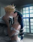  1boy 1girl bare_shoulders black_hair blonde_hair bow bowtie breasts cleavage closed_eyes cloud_strife collarbone couple dress earrings final_fantasy final_fantasy_vii final_fantasy_vii_remake flower formal hair_flower hair_ornament hand_on_another&#039;s_chest hand_on_another&#039;s_head hand_on_another&#039;s_hip highres indoors jewelry large_breasts lips long_hair necklace pearl_necklace spiked_hair spykeee suit tifa_lockhart twitter_username white_dress window 