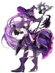  1girl aisha_landar bangs black_bra boots bra breasts buding_i detached_sleeves elsword floating_hair from_side full_body grin hat holding holding_staff long_hair long_sleeves looking_at_viewer oz_sorcerer_(elsword) purple_eyes purple_footwear purple_hair purple_headwear purple_legwear purple_skirt purple_sleeves shiny shiny_hair simple_background skirt small_breasts smile solo staff standing underboob underwear very_long_hair white_background witch_hat 
