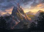  alayna_danner cloud cloudy_sky commentary day english_commentary highres magic:_the_gathering mountain no_humans official_art outdoors scenery sky smoke torii tree 