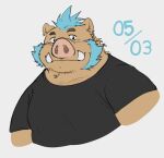 anthro blue_hair brown_body brown_fur bust_portrait clothing facial_hair fur gouryou hair hi_res lifewonders male mammal pig_nose portrait shirt solo suid suina sus_(pig) t-shirt tokyo_afterschool_summoners topwear tusks video_games whitebeast20 wild_boar 