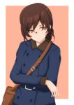  1girl bag bell_shireikan blue_coat border braid brown_hair coat hair_between_eyes highres kantai_collection long_hair looking_at_viewer messenger_bag orange_background orange_eyes shoulder_bag single_braid solo souya_(kancolle) two-tone_background upper_body white_border 