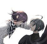  2boys ahoge bangs black_cape black_jacket buttons cape cape_removed checkered_clothes checkered_scarf crying danganronpa_(series) danganronpa_v3:_killing_harmony from_side grey_background grey_jacket hands_on_another&#039;s_face highres hinaeorii jacket long_sleeves male_focus multiple_boys open_mouth ouma_kokichi saihara_shuuichi scarf shiny shiny_hair short_hair simple_background 