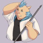 44maruds absurd_res anthro blue_hair brown_body brown_fur bust_portrait clothing eyebrows fur gouryou hair hi_res hoodie lifewonders male mammal pole portrait solo suid suina sus_(pig) thick_eyebrows tokyo_afterschool_summoners topwear tusks video_games wild_boar 