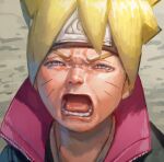  1boy bandana blue_eyes boruto:_naruto_next_generations cirenk crying derivative_work facial_mark half-closed_eyes highres male_focus naruto_(series) open_mouth screencap_redraw solo tearing_up uzumaki_boruto whisker_markings 