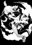  1girl black_background cloud crescent_moon eyebrows_visible_through_hair frilled_sleeves frills fukushima_masayasu greyscale hatching_(texture) head_wings highres japanese_crested_ibis_(kemono_friends) kemono_friends medium_hair monochrome moon open_mouth outline pantyhose simple_background solo white_outline wings 