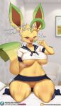  absurd_res anthro anthrofied breasts burgerkiss canid canine clothing conditional_dnp cute_fangs dialogue digital_media_(artwork) eeveelution english_text female hi_res leafeon looking_at_viewer mammal nintendo pok&eacute;mon pok&eacute;mon_(species) school_uniform solo text thick_thighs uniform video_games 