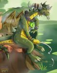  absurd_res activision anthro bead_necklace bodily_fluids bracelet claws cum dragon ejaculation frill_(anatomy) genital_fluids genitals green_body hi_res horn jewelry klotzzilla male masturbation outside penile penile_masturbation penis rescued_dragons_(spyro) rosco_(spyro) scalie shadowpelt sitting solo spyro_reignited_trilogy spyro_the_dragon swamp tongue tongue_out video_games water wings 