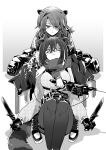  2girls absinthe_(arknights) animal_ears arknights bag bangs bear_ears belt breasts closed_mouth creator_connection dual_wielding ear_piercing feet_out_of_frame freckles gloves gradient gradient_background grey_background greyscale hair_between_eyes high-waist_skirt highres holding holding_knife iwashi_80 knife long_hair long_sleeves looking_at_viewer medium_breasts monochrome multicolored_hair multiple_girls pantyhose piercing polka_dot polka_dot_shirt ponytail raccoon_ears robin_(arknights) shaded_face shirt sitting skirt smile two-tone_hair 