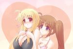  2girls blonde_hair blush breasts brown_hair cleavage collarbone couple fate_testarossa heart highres kano-0724 large_breasts lyrical_nanoha mahou_shoujo_lyrical_nanoha_vivid multiple_girls open_mouth purple_eyes red_eyes side_ponytail takamachi_nanoha yuri 