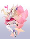  1girl absurdres ahri_(league_of_legends) animal_ears asami_okutoshioku bangs bare_shoulders blonde_hair blue_eyes breasts detached_sleeves fox_ears frilled_skirt frills from_side gradient gradient_background hair_ornament hand_up heart high_heels highres league_of_legends long_hair looking_at_viewer multicolored_tail official_alternate_costume pink_tail red_skirt shiny shiny_hair shirt skirt smile solo star_guardian_(league_of_legends) star_guardian_ahri tail thighhighs vastaya white_legwear white_shirt 