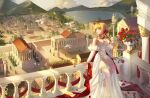  1girl artist_name bird blonde_hair breasts city cup dress fate/grand_order fate_(series) flower gold_necklace gold_trim green_eyes hair_bun hair_ribbon high_heels holding holding_flower jewelry lake large_breasts leaning_on_object long_dress long_hair mountainous_horizon necklace nero_claudius_(fate) red_flower red_ribbon red_rose ribbon rose scenery sigriddis sky thighlet veranda white_dress 