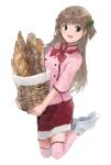  1girl azusagawa_tsukino basket bellacsy bow bread brown_hair food full_body green_eyes hair_bow highres holding holding_basket long_hair looking_at_viewer miniskirt open_mouth shoes simple_background skirt smile solo thighhighs uniform white_background yakitate!!_japan zettai_ryouiki 