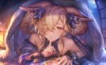  1boy animal_ears artist_name blanket blonde_hair bridal_gauntlets cuffs finger_to_mouth flower fox_ears fox_tail granblue_fantasy hair_flower hair_ornament hair_over_one_eye highres kou_(granblue_fantasy) looking_at_viewer lying lying_on_person moon shigaraki_(strobe_blue) short_hair shouji sliding_doors smile solo tail yellow_eyes 