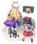  3girls ? ankle_socks bare_shoulders bicycle black_footwear black_hair blonde_hair blurry border bow chibi chibi_inset child d: depth_of_field detached_sleeves dress facing_away frilled_bow frilled_dress frilled_hair_tubes frills from_behind full_body ground_vehicle hair_bow hair_ribbon hair_tubes hakurei_reimu half_updo hand_on_own_chin hat long_dress long_hair long_sleeves looking_at_another looking_to_the_side matara_okina mob_cap multiple_girls narrowed_eyes no_shoes nontraditional_miko open_window outdoors outside_border parody_request parted_lips purple_dress re_ghotion red_bow red_skirt red_vest ribbon riding running shoe_soles shoes skirt skirt_set socks stroking_own_chin touhou training_wheels tress_ribbon vest white_border white_headwear white_legwear white_sleeves wide_sleeves window yakumo_yukari younger 