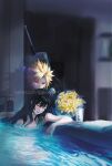  1boy 1girl armor bangs bath bathing bathroom bathtub black_hair bouquet breasts buster_sword closed_eyes clothed_male_nude_female cloud_strife couple final_fantasy final_fantasy_vii final_fantasy_vii_advent_children flower glass holding holding_bouquet indoors kiss large_breasts long_hair nude shampoo_bottle shoulder_armor sleeping spiked_hair spykeee swept_bangs tifa_lockhart twitter_username water weapon weapon_on_back 
