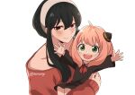  2girls ahoge anya_(spy_x_family) bangs black_hair blush carrying child_carry commentary_request green_eyes hairband highres horn_ornament horns medium_hair multiple_girls open_mouth outstretched_arms pink_hair red_eyes rennomiya smile spy_x_family white_background white_hairband yor_briar 