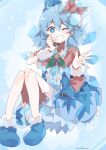  1girl :d ;d ahoge arm_warmers artist_name bad_id bad_twitter_id bloomers blue_bow blue_dress blue_eyes blue_footwear blue_hair blush boots bow brown_bow brown_capelet buttons capelet cirno commentary diamond-shaped_pupils diamond_(shape) diamond_button dress eyebrows_visible_through_hair full_body fur_trim hair_between_eyes hair_bow hands_up highres ice ice_wings knees_together_feet_apart knees_up looking_at_viewer medium_hair one_eye_closed open_mouth smile solo symbol-shaped_pupils touhou umemaro_(siona0908) underwear w white_bloomers wings 