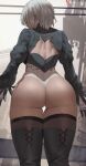 1girl ass back_cutout black_footwear black_gloves black_legwear blurry blurry_background boots clothing_cutout commentary from_behind gloves highleg highleg_leotard highres juliet_sleeves leotard long_sleeves nier_(series) nier_automata patreon_logo patreon_username power_lines profile puffy_sleeves shexyo solo thigh_boots thigh_gap thighhighs thighs turtleneck web_address white_hair white_leotard yorha_no._2_type_b 
