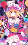  1girl ascot bad_id bad_twitter_id black_bow black_choker blonde_hair blush bow chain choker commentary crystal detached_sleeves eyebrows_visible_through_hair feet_out_of_frame flandre_scarlet food frilled_skirt frills fruit hat hat_bow highres holding laevatein_(touhou) leg_garter looking_at_viewer medium_hair mob_cap one_side_up polka_dot polka_dot_bow red_bow red_eyes red_skirt red_sleeves red_vest scar skirt skull slit_pupils smile solo strawberry stuffed_animal stuffed_toy teddy_bear touhou twitter_username umemaro_(siona0908) vest white_headwear wide_sleeves wings wrist_cuffs yellow_ascot 