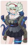  1girl absurdres asymmetrical_legwear belt black_belt black_skirt blue_choker blue_hair blue_legwear blue_lips blush bow bowtie choker cowboy_shot eyebrows_visible_through_hair fangs green_bow green_bowtie green_hair grey_shirt hair_bow highres japari_symbol kemono_friends kemono_friends_3 multicolored_hair plaid plaid_skirt pleated_skirt sailor_collar scales school_uniform shirt skirt snake_print solo toriny twintails white_hair yamata_no_orochi_(kemono_friends) yellow_eyes 