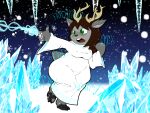  anthro antlers brown_hair capreoline cervid clothed clothing cosplay deltarune elemental_manipulation female fur green_eyes grey_body grey_fur hair hi_res hooves horn ice ice_manipulation icicle magic mammal noelle_holiday open_mouth reindeer snow softestpuffss solo undertale_(series) video_games whaddon_(character) wizard_robe 