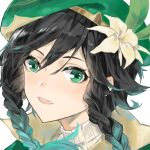  1boy :d absurdres aqua_hair bangs beret black_hair braid chinese_commentary commentary_request flower genshin_impact gradient_hair green_eyes green_headwear hair_between_eyes hair_flower hair_ornament hat highres kongwuming looking_at_viewer male_focus multicolored_hair open_mouth otoko_no_ko short_hair simple_background smile twin_braids venti_(genshin_impact) white_background white_flower 
